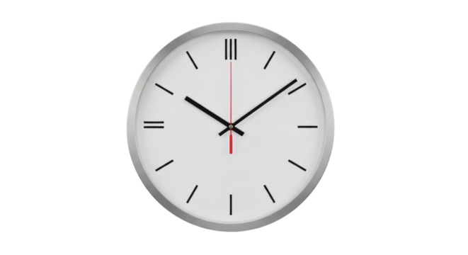 Isolated gray clock with black arms showing ten minutes to ten o'clock, no numbers