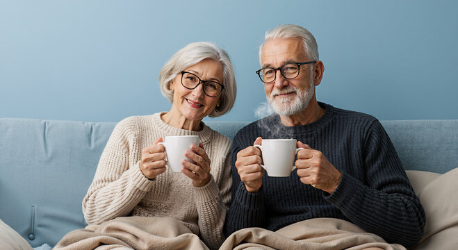elderly couple enjoying a cozy moment with hot drinks on a sofa in a warm living room