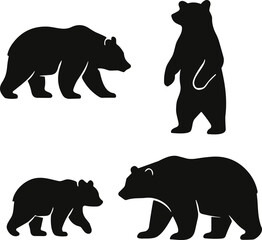 Set of four black bear silhouette icons in various poses and sizes including walking, standing, and cub for wildlife design © Love's World