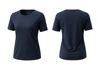 Front and back view of a navy tshirt isolated on transparent background, highlighting its design, fit, and fabric for apparel and fashion needs