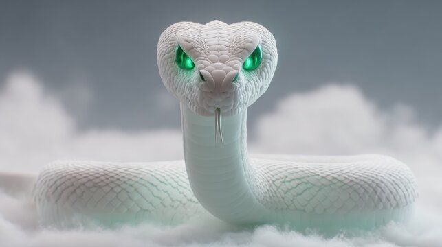 Albino snake portrait against a cloudy background with glowing green eyes