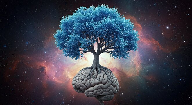 Stunning abstract concept of a vibrant blue tree of knowledge growing from a human brain against a cosmic nebula backdrop, symbolizing creativity and insight