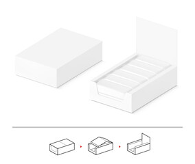Blank shelf-ready box mockup with set flow packaging for food. Vector illustration on white background. Ready for your design. EPS10.