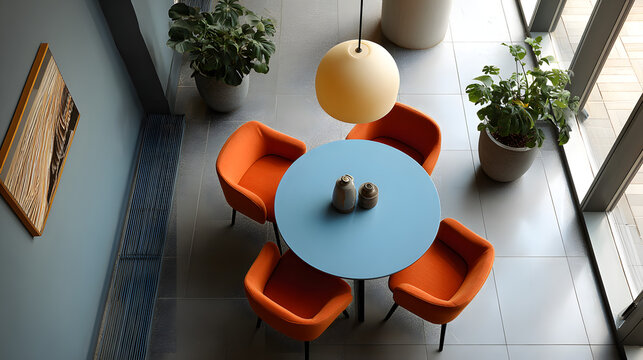 Modern interior design with a round table and orange chairs - Powered by Adobe