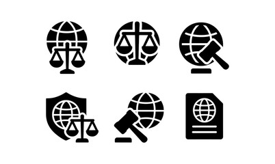Justice icons set: global law symbols with scales, gavel, and globe silhouettes