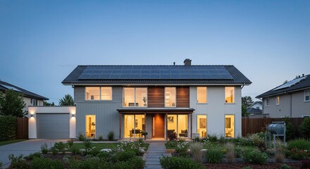 Stunning modern eco-friendly home featuring solar panels and warm interior lighting at twilight, showcasing sustainable living and architectural beauty in a suburban setting.
