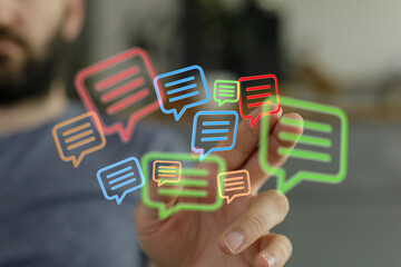 Man reaching out to interconnected speech bubble icons. Concept of social media and communication networks, digital message.