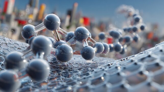 A close-up view of molecular structures, showcasing interconnected atoms on a futuristic background, emphasizing science and technology.