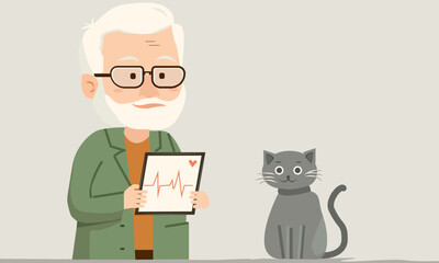 A grey-haired, bearded veterinarian and his grey cat patient.