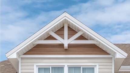 Modern Architectural Detail of House Gable Featuring Wooden Elements and Clear Blue Skies Above in Bright Natural Lighting