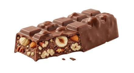 A broken chocolate bar with hazelnuts and almonds, isolated on transparent background