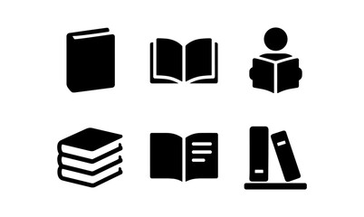 Set of book icons: silhouettes of reading, open books, and stacked volumes