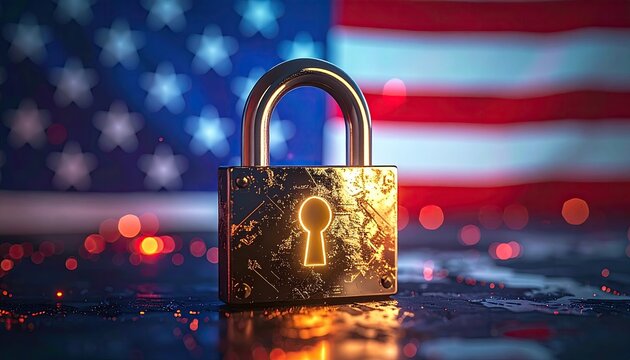 Golden Padlock Symbolizing American Data Security Against Blurred United States Flag Background