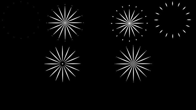 4K circle firework burst animation with shining line sparks, black screen background visuals for festivals and celebration videos.