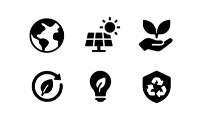 Eco-friendly icons set featuring renewable energy and sustainability symbols
