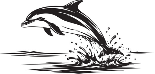Dynamic dolphin leaping gracefully out of water creating a splash artistic monochrome sketch splash