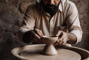 focused artisan shaping clay on pottery wheel in rustic workshop with earthy tones