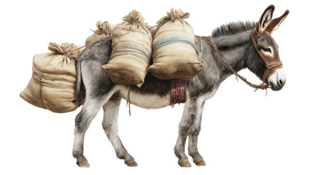Realistic illustration of a donkey carrying sacks showing rural farm animal and traditional transportation scene on white background
