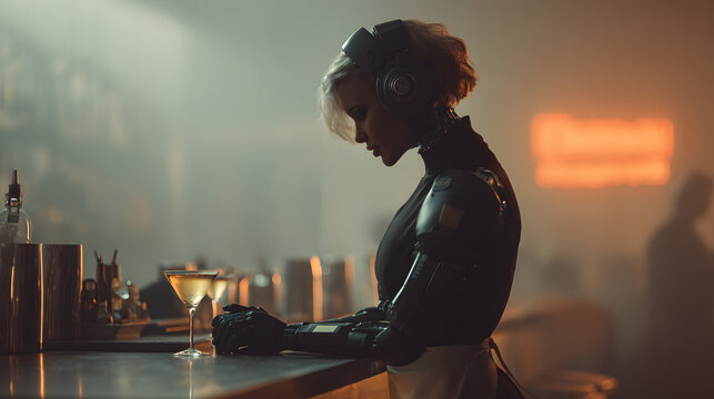 Cyborg bartender in a futuristic bar setting with a cocktail