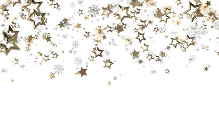 Elegant gold stars and snowflakes falling on white. Perfect for holidays, celebration, and winter themes.