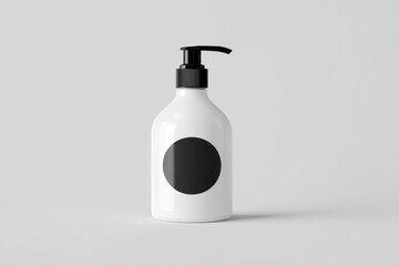 Minimalist White Pump Bottle with Black Label on Neutral Background.