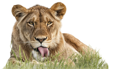 Obraz premium Lion resting in the grass with her tongue out showing majestic wildlife scene and natural animal behavior on white background