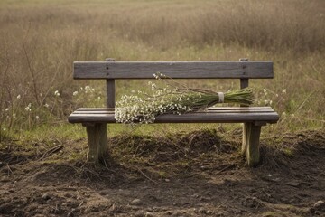 Verlassene Bank im Freien mit einem Strauß Blumen als Erinnerung