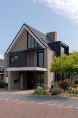 Modern house design with stone and wood elements, located in a quiet neighborhood on a sunny afternoon, showcasing spacious windows and lush landscaping for a welcoming atmosphere