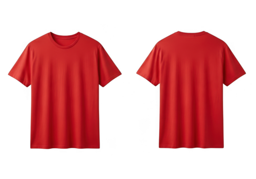 Front and back view of a vibrant red tshirt isolated on transparent background, ideal for showcasing designs with a bold and eyecatching color