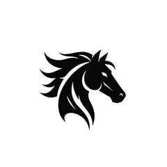 Black horse head profile with flowing mane Keywords: horse, head, profile, logo, black, white