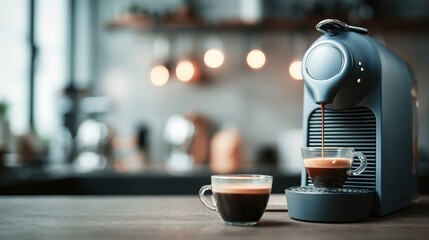 Focused view of a compact pod coffee machine preparing a fresh cup main device in clear detail with the rest of the scene softly out of focus showcasing smart brewing convenience.