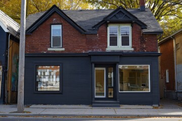 Obraz premium This beautifully renovated brick house features striking modern windows and is nestled in a serene neighborhood, surrounded by vibrant autumn foliage