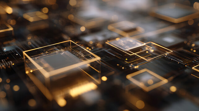 Abstract circuit board with glowing lines and bokeh effect.