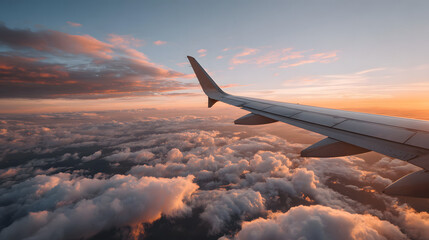 Naklejka premium Airplane wing soaring above a sea of clouds during a vibrant sunset.