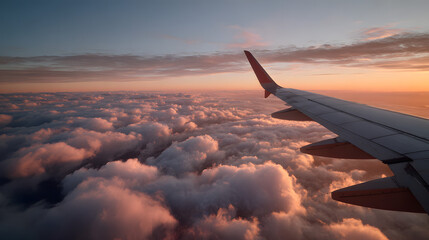 Fototapeta premium Airplane wing soaring above a sea of clouds during a vibrant sunset.