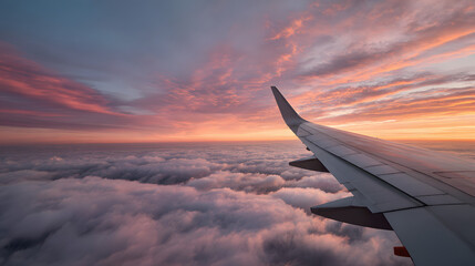 Obraz premium Airplane wing soaring above a sea of clouds at sunset