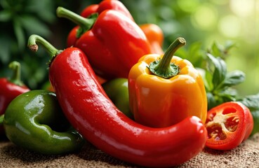Colorful bell peppers and a chili pepper arranged on a natural surface with fresh green leaves in the background
