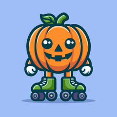 Cute Pumpkin With Roller Skates Cartoon Vector Art, Illustration and Graphic