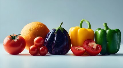 Studio shot of fresh colorful fruits and vegetables on a minimal background. Concept: Healthy eating, nutrition, fresh produce, wellness, clean eating, natural foods, vibrant food photography.