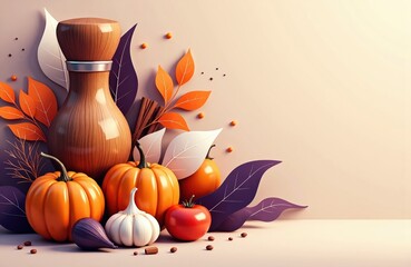Autumnal decorative arrangement with pumpkins, garlic, and colorful leaves on a neutral background