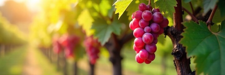 Sunlit Ripe Red Grapes Hanging Heavy on Vine, Abundant Harvest in Vineyard