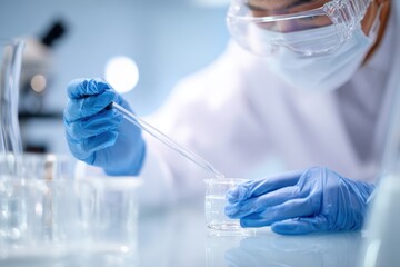 Fototapeta premium Scientist Conducting Laboratory Experiment with Safety Gear and Equipment.