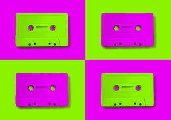 Top view of vintage audio cassette tapes over quartered colorful background. Flat lay design Retro Pop Art music concept.