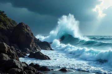Dramatic Ocean Storm Jagged Rocks Battered by Powerful Waves, Sea Spray Filling the Air. Raw Power of Natures Fury Against Enduring Stone.