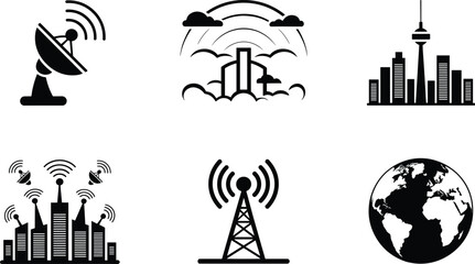 Set of six black-and-white icons representing satellite, smart city, radio tower, and global communication on white background