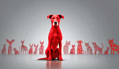 Red coloured illustration of a sitting dog on a background sits silhouettes of pets