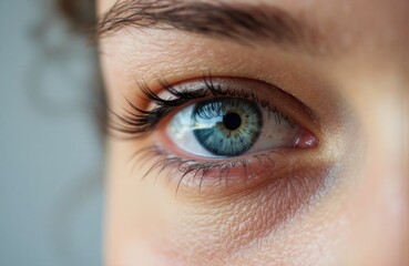 Obraz premium Close-up of a human blue eye with detailed eyelashes and skin texture