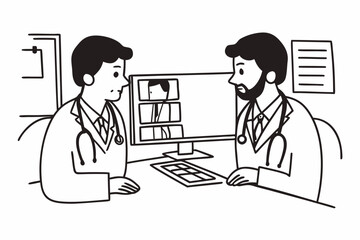 Two male doctors talk discuss difficult case by computer screen