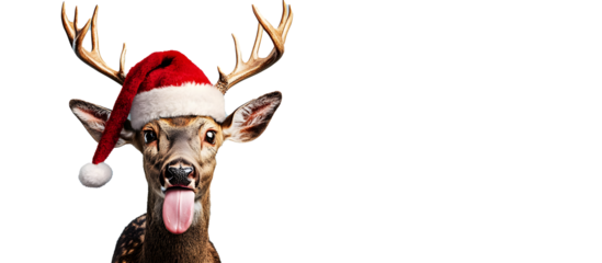 Funny deer with Santa Claus hat and tongue hanging out, cut out