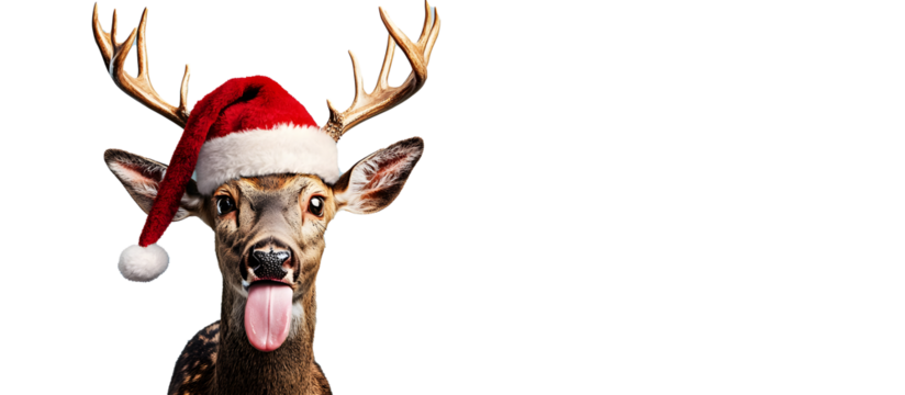 Funny deer with Santa Claus hat and tongue hanging out, cut out